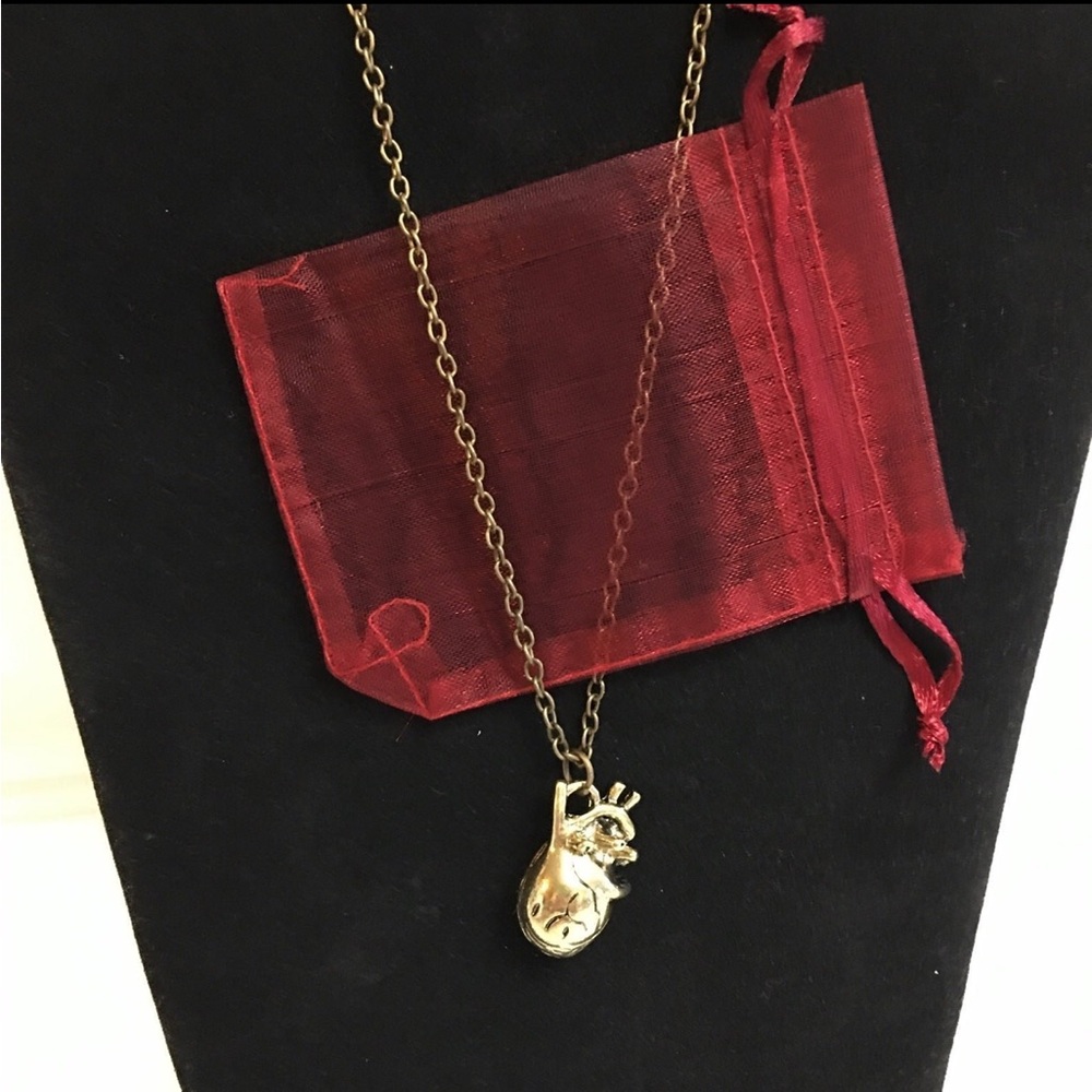 Anatomically Correct Heart Necklace Faux Antique Gold 20 inch Valentines Day!